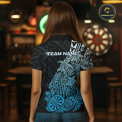 Custom Black And Blue Polynesian Tribal Turtle Dart Women Polo Team Shirt Outfit IPHW12694