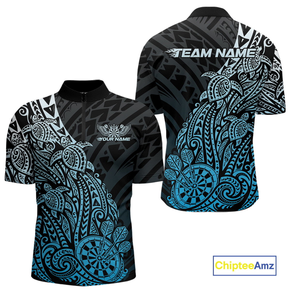 Custom Black And Blue Polynesian Tribal Turtle Dart Men Quarter Zip Team Shirt Outfit IPHW12694