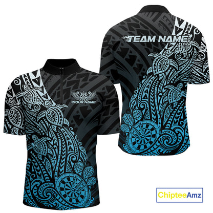 Custom Black And Blue Polynesian Tribal Turtle Dart Men Quarter Zip Team Shirt Outfit IPHW12694