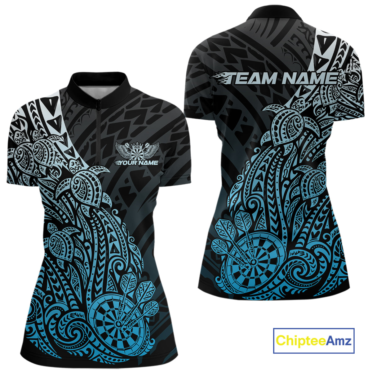 Custom Black And Blue Polynesian Tribal Turtle Dart Women Quarter-Zip Team Shirt Outfit IPHW12694