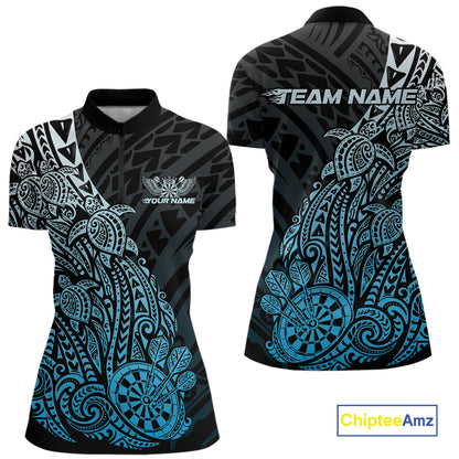 Custom Black And Blue Polynesian Tribal Turtle Dart Women Quarter-Zip Team Shirt Outfit IPHW12694
