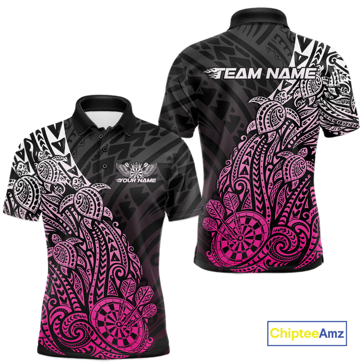 Custom Black And Pink Polynesian Tribal Turtle Dart Men Polo Team Shirt Outfit IPHW12695