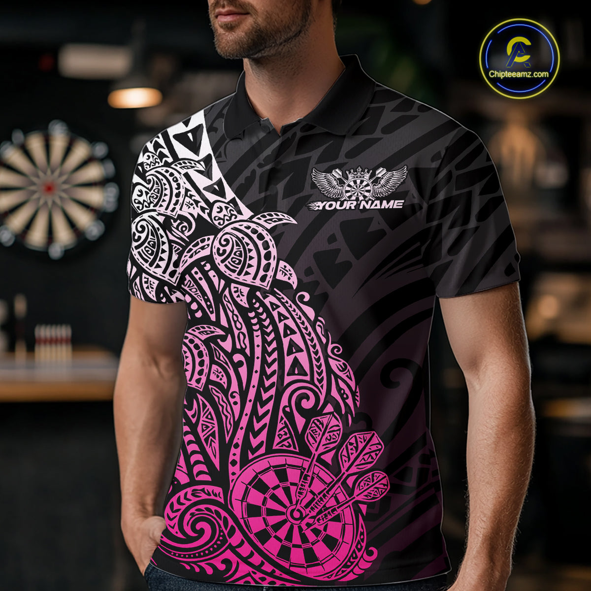 Custom Black And Pink Polynesian Tribal Turtle Dart Men Polo Team Shirt Outfit IPHW12695