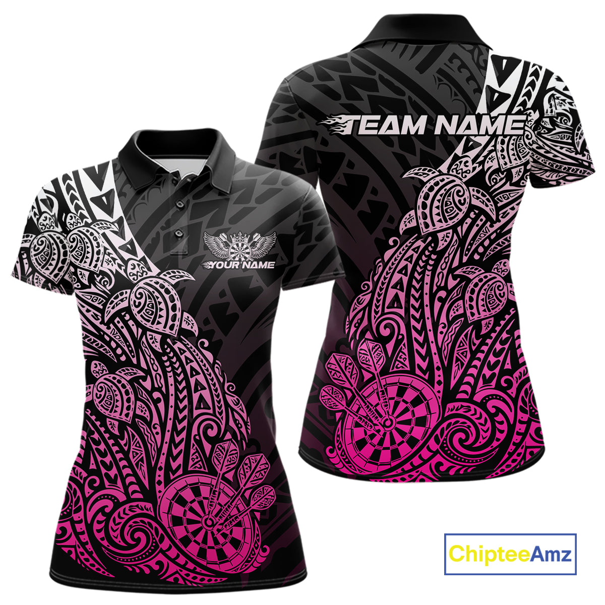 Custom Black And Pink Polynesian Tribal Turtle Dart Women Polo Team Shirt Outfit IPHW12695