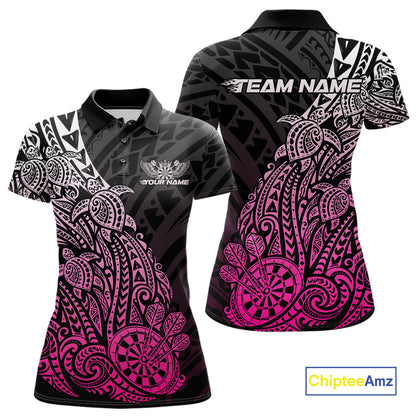 Custom Black And Pink Polynesian Tribal Turtle Dart Women Polo Team Shirt Outfit IPHW12695