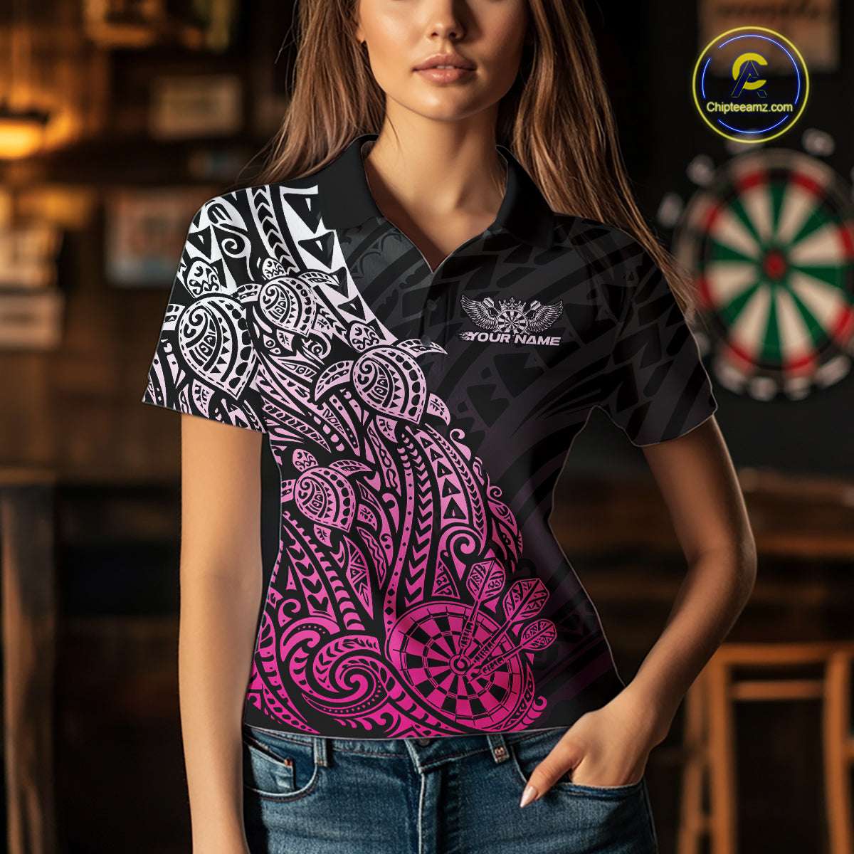 Custom Black And Pink Polynesian Tribal Turtle Dart Women Polo Team Shirt Outfit IPHW12695