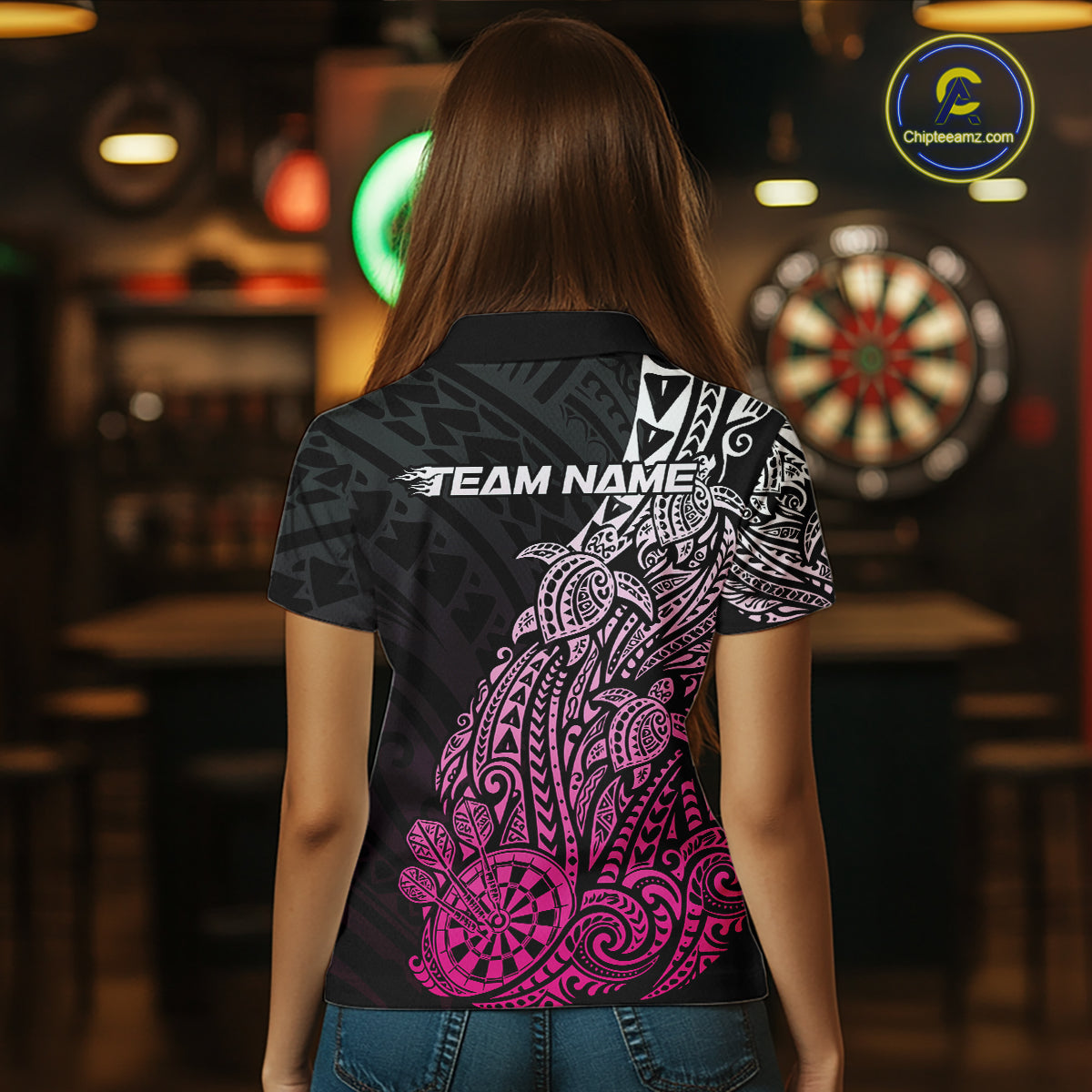 Custom Black And Pink Polynesian Tribal Turtle Dart Women Polo Team Shirt Outfit IPHW12695