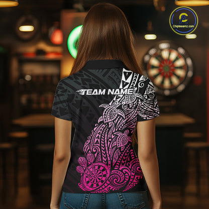 Custom Black And Pink Polynesian Tribal Turtle Dart Women Polo Team Shirt Outfit IPHW12695
