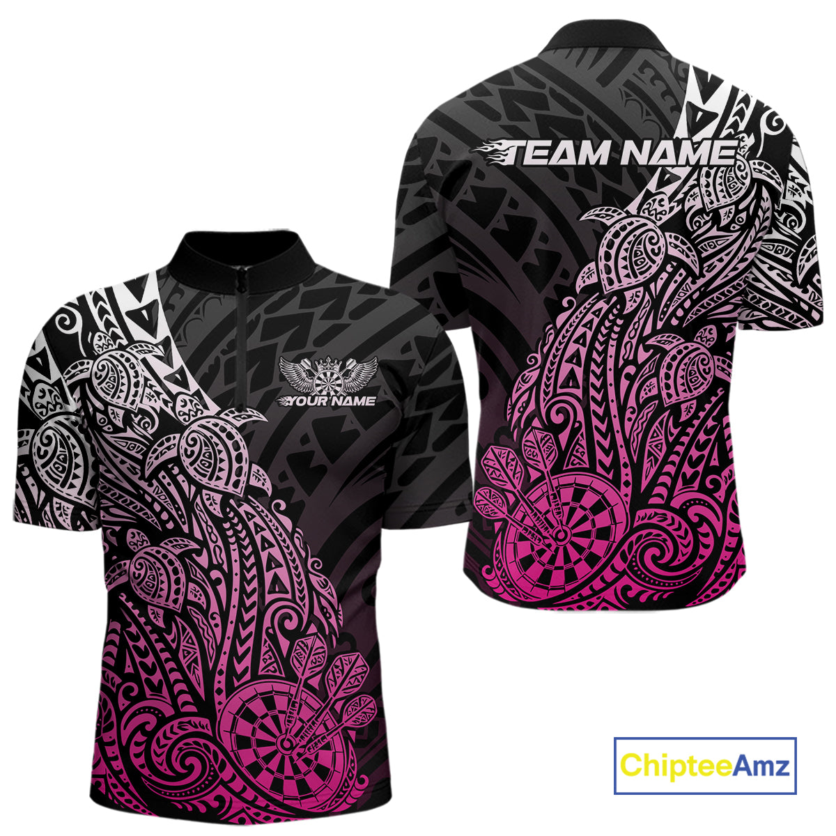 Custom Black And Pink Polynesian Tribal Turtle Dart Men Quarter Zip Team Shirt Outfit IPHW12695