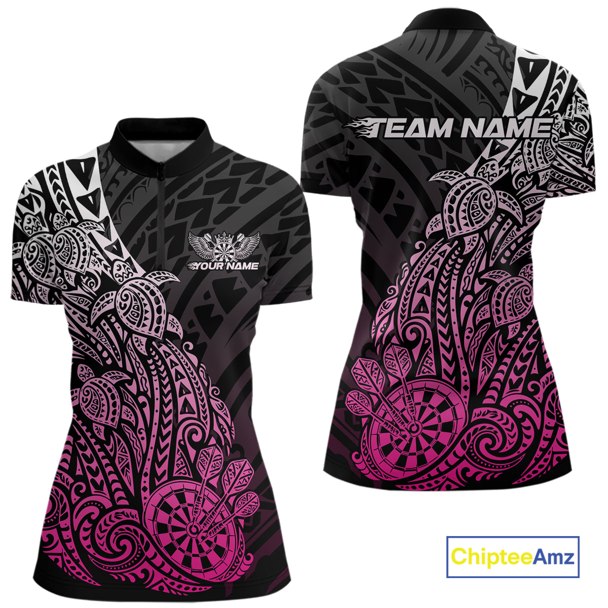 Custom Black And Pink Polynesian Tribal Turtle Dart Women Quarter-Zip Team Shirt Outfit IPHW12695