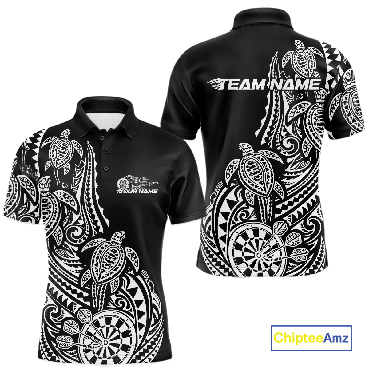 Custom Black And White Polynesian Tribal Turtle Dart Men Men Polo Shirt Team Uniform IPHW12696
