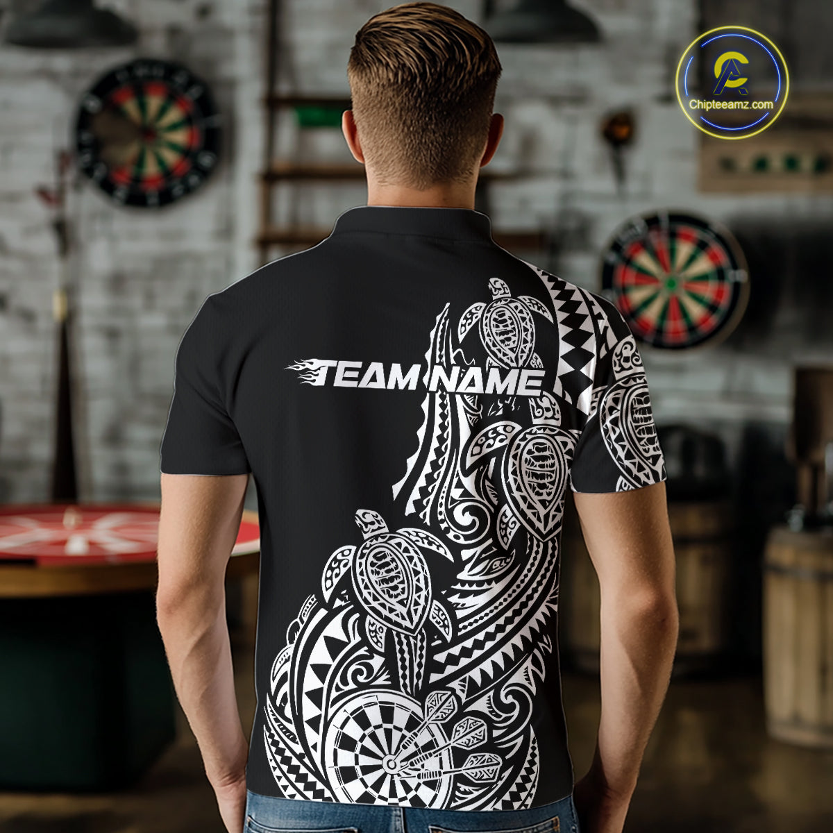 Custom Black And White Polynesian Tribal Turtle Dart Men Men Polo Shirt Team Uniform IPHW12696