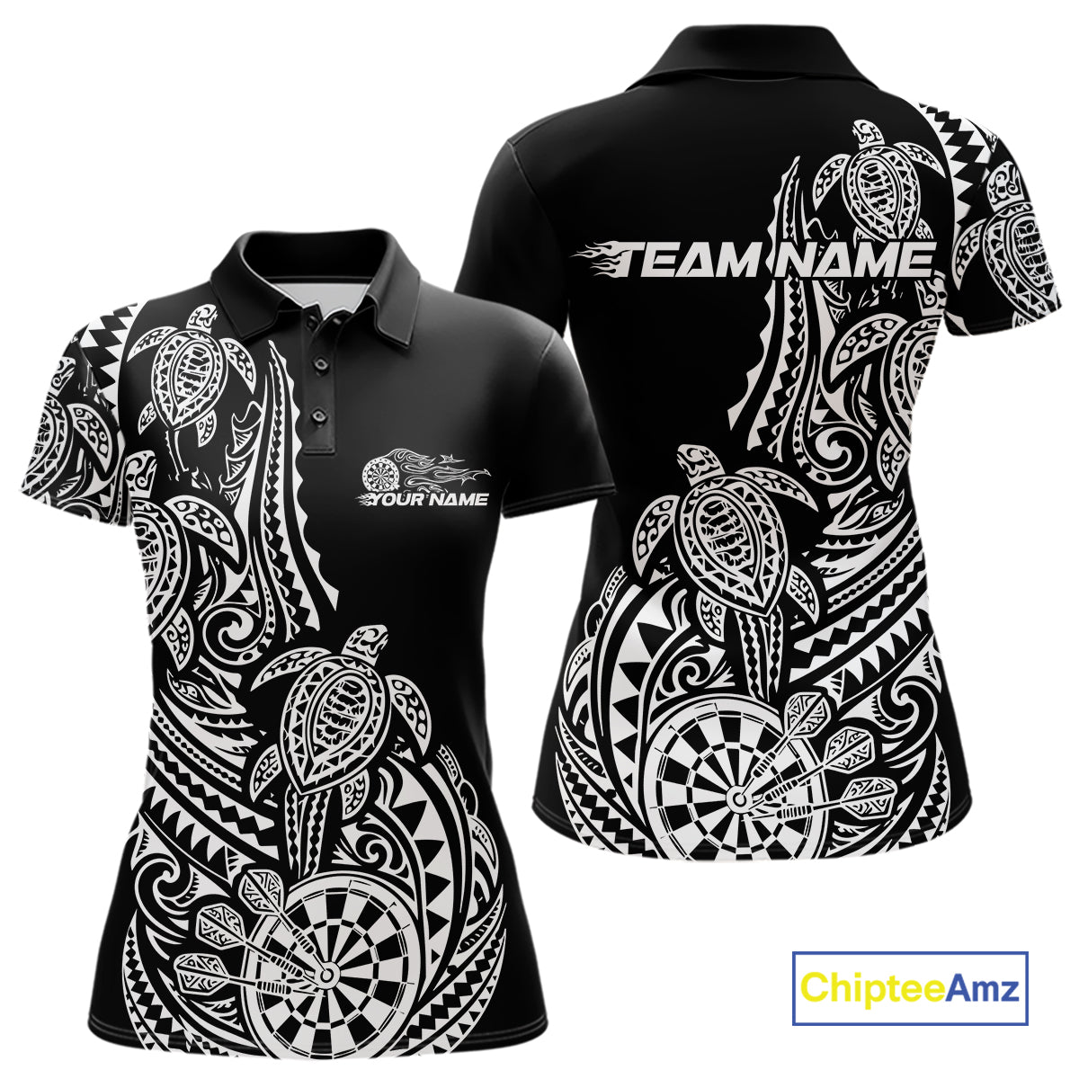 Custom Black And White Polynesian Tribal Turtle Dart Women Women Polo Shirt Team Uniform IPHW12696