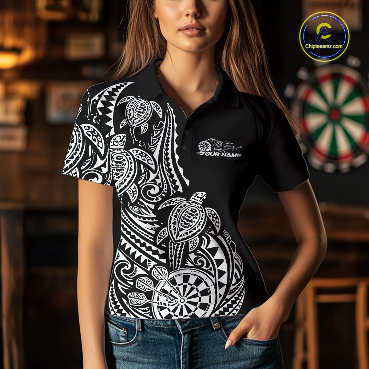 Custom Black And White Polynesian Tribal Turtle Dart Women Women Polo Shirt Team Uniform IPHW12696