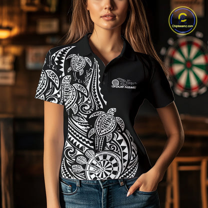Custom Black And White Polynesian Tribal Turtle Dart Women Women Polo Shirt Team Uniform IPHW12696