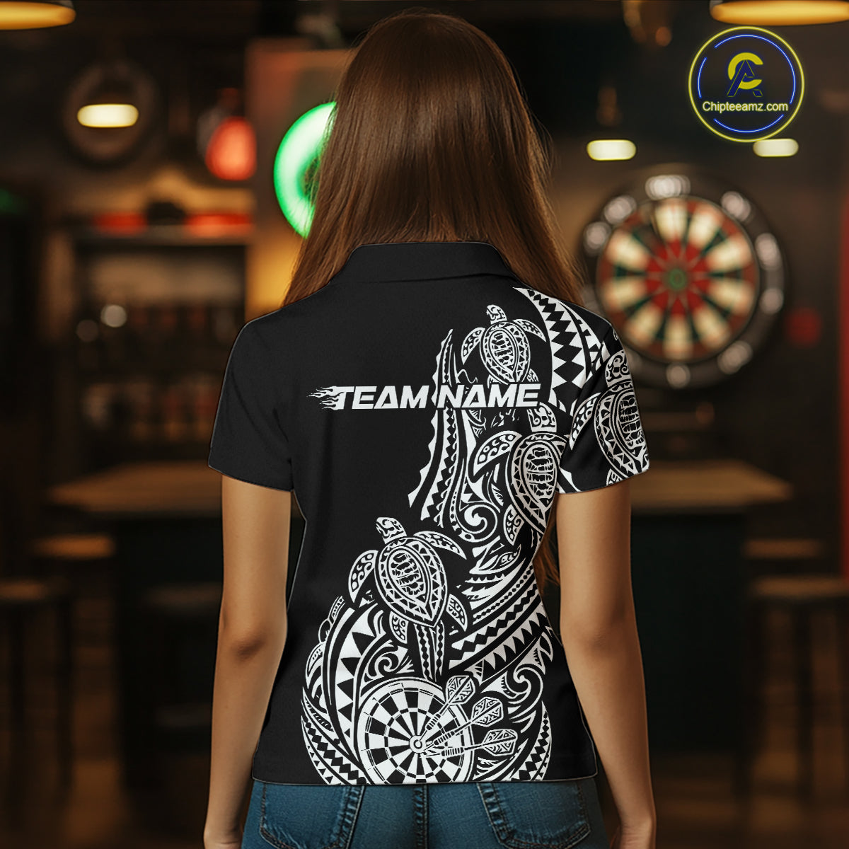 Custom Black And White Polynesian Tribal Turtle Dart Women Women Polo Shirt Team Uniform IPHW12696