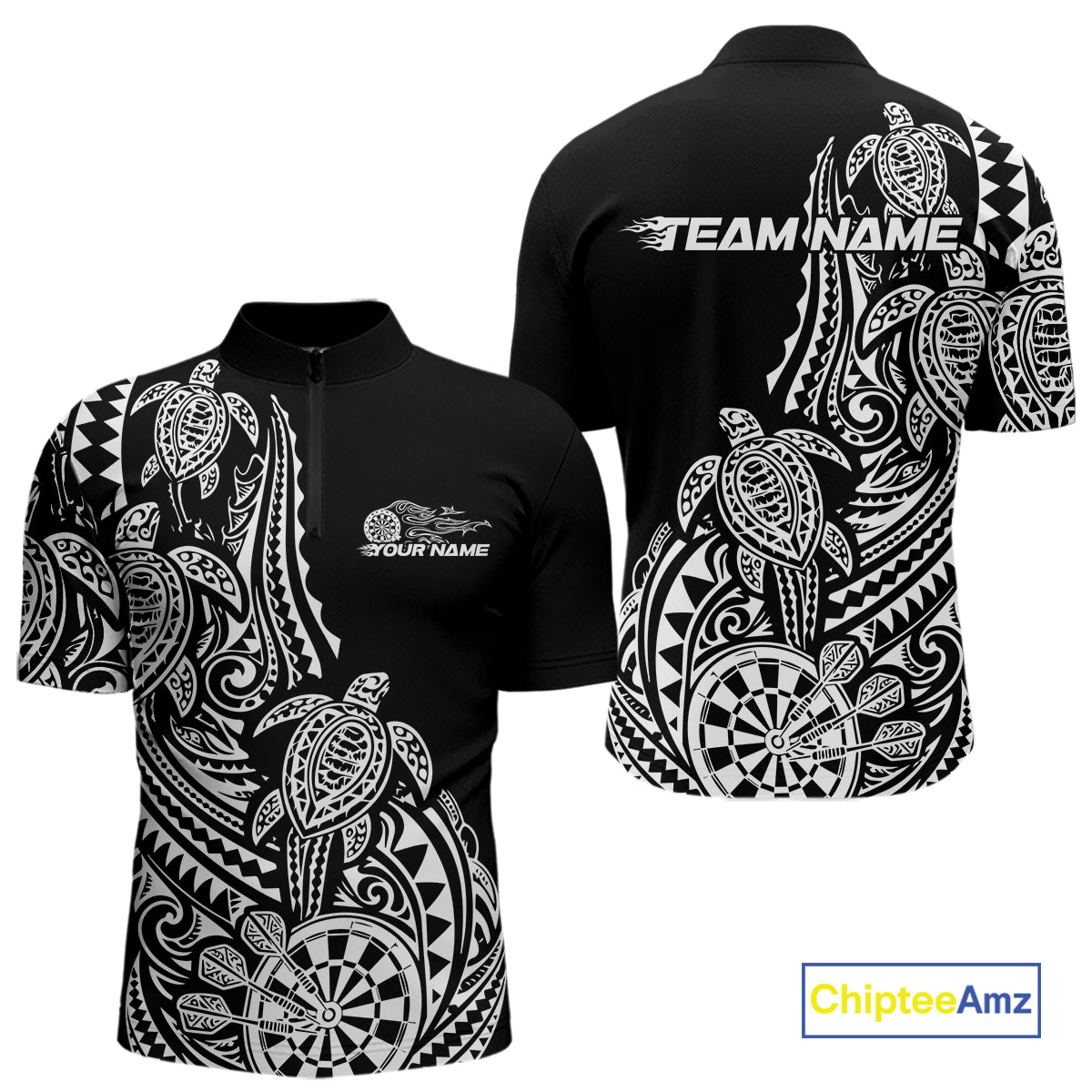 Custom Black And White Polynesian Tribal Turtle Dart Men Men Quarter Zip Shirt Team Uniform IPHW12696