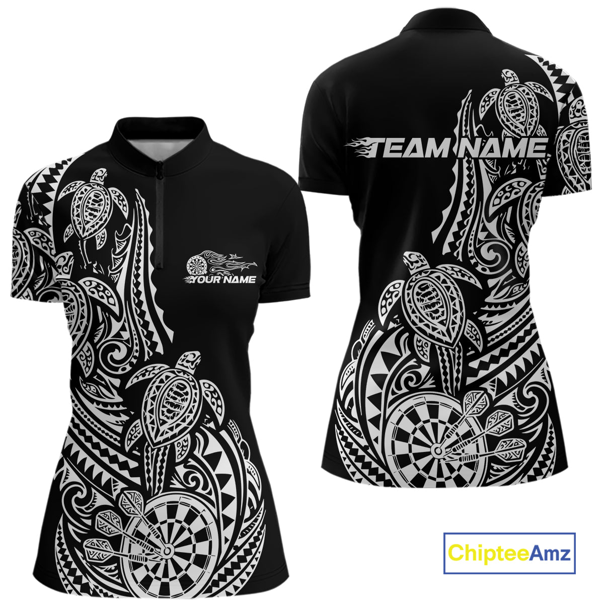 Custom Black And White Polynesian Tribal Turtle Dart Women Women Quarter-Zip Shirt IPHW12696