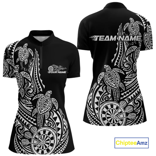 Custom Black And White Polynesian Tribal Turtle Dart Women Women Quarter-Zip Shirt IPHW12696