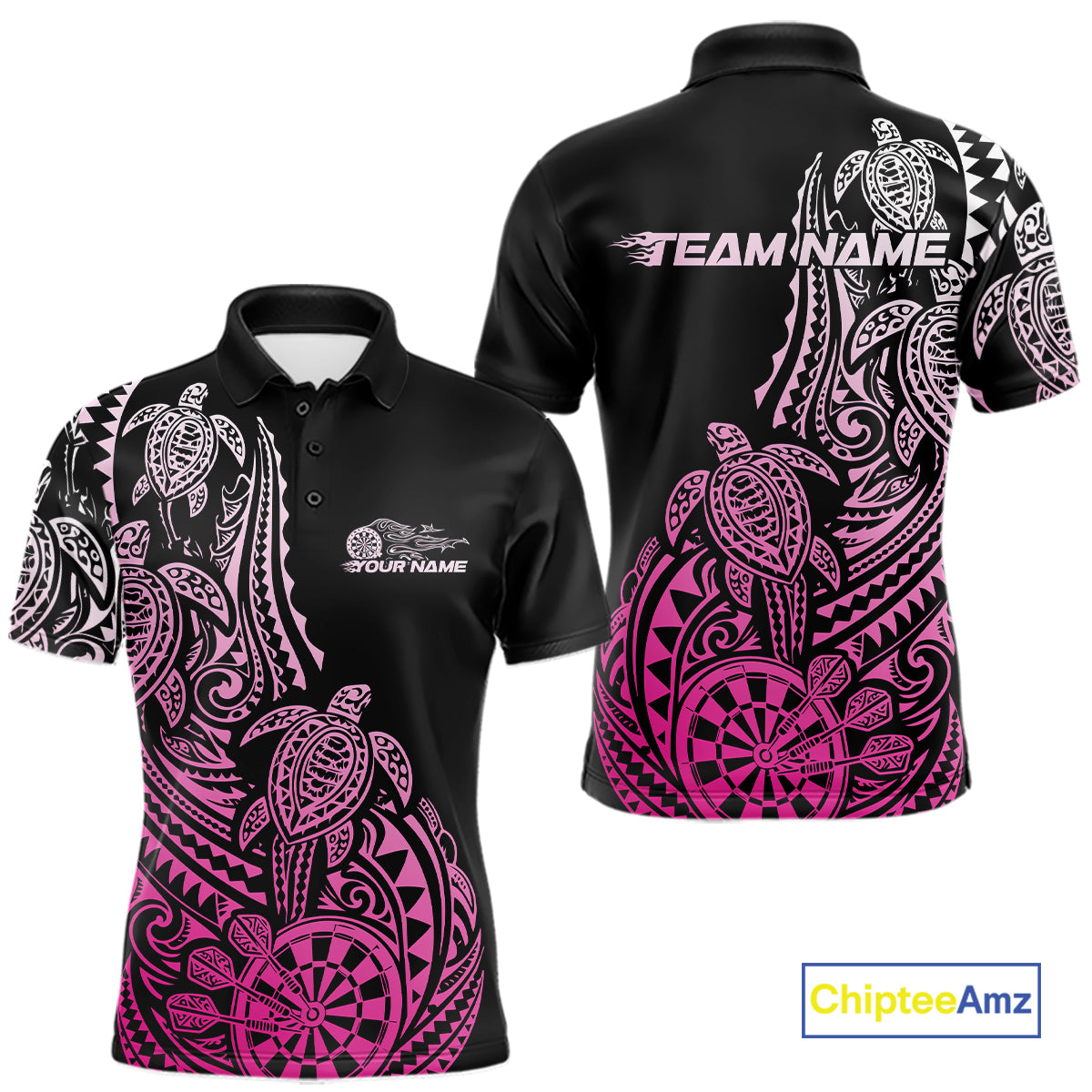 Custom Black And Pink Polynesian Tribal Turtle Dart Men Men Polo Shirt Team Uniform IPHW12697