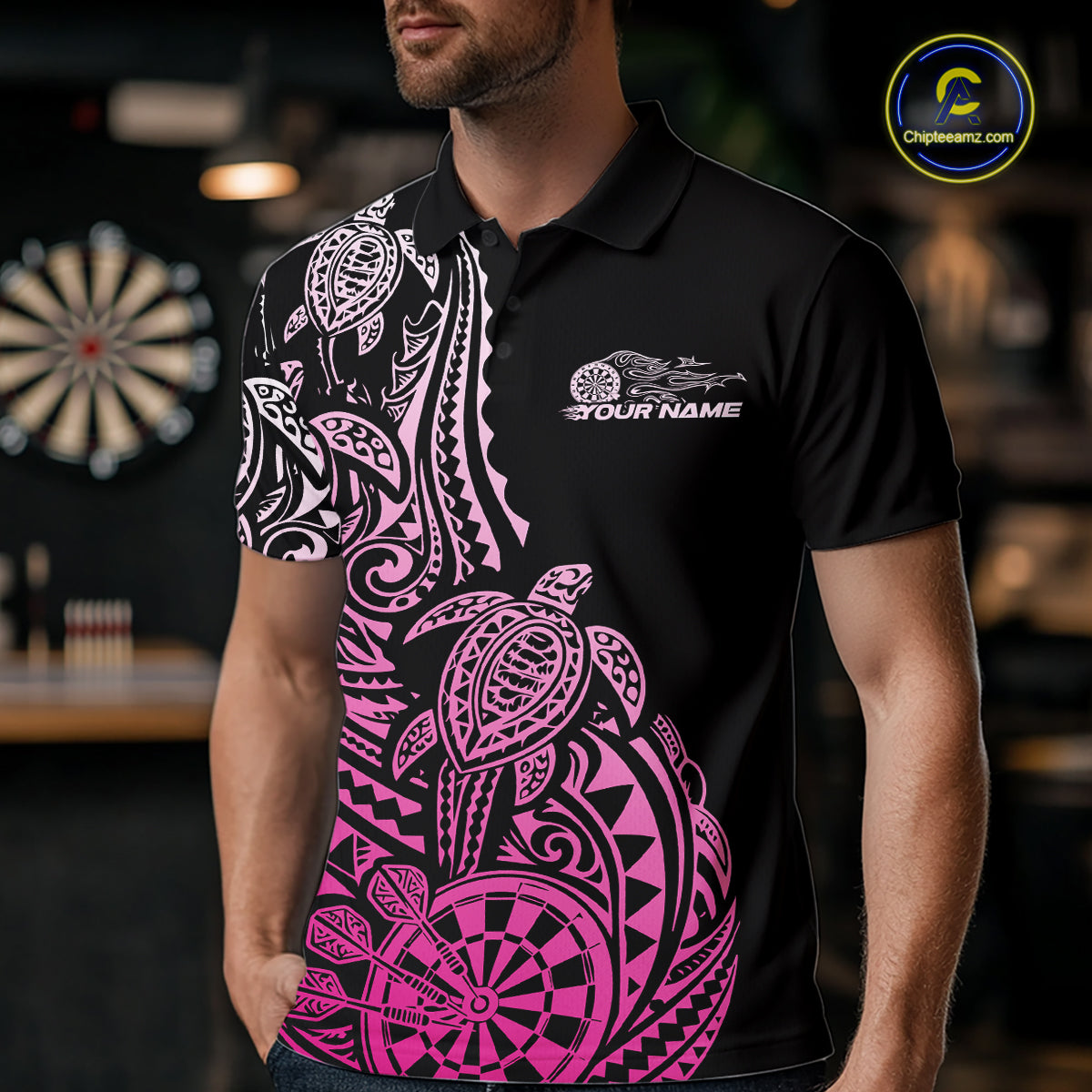 Custom Black And Pink Polynesian Tribal Turtle Dart Men Men Polo Shirt Team Uniform IPHW12697