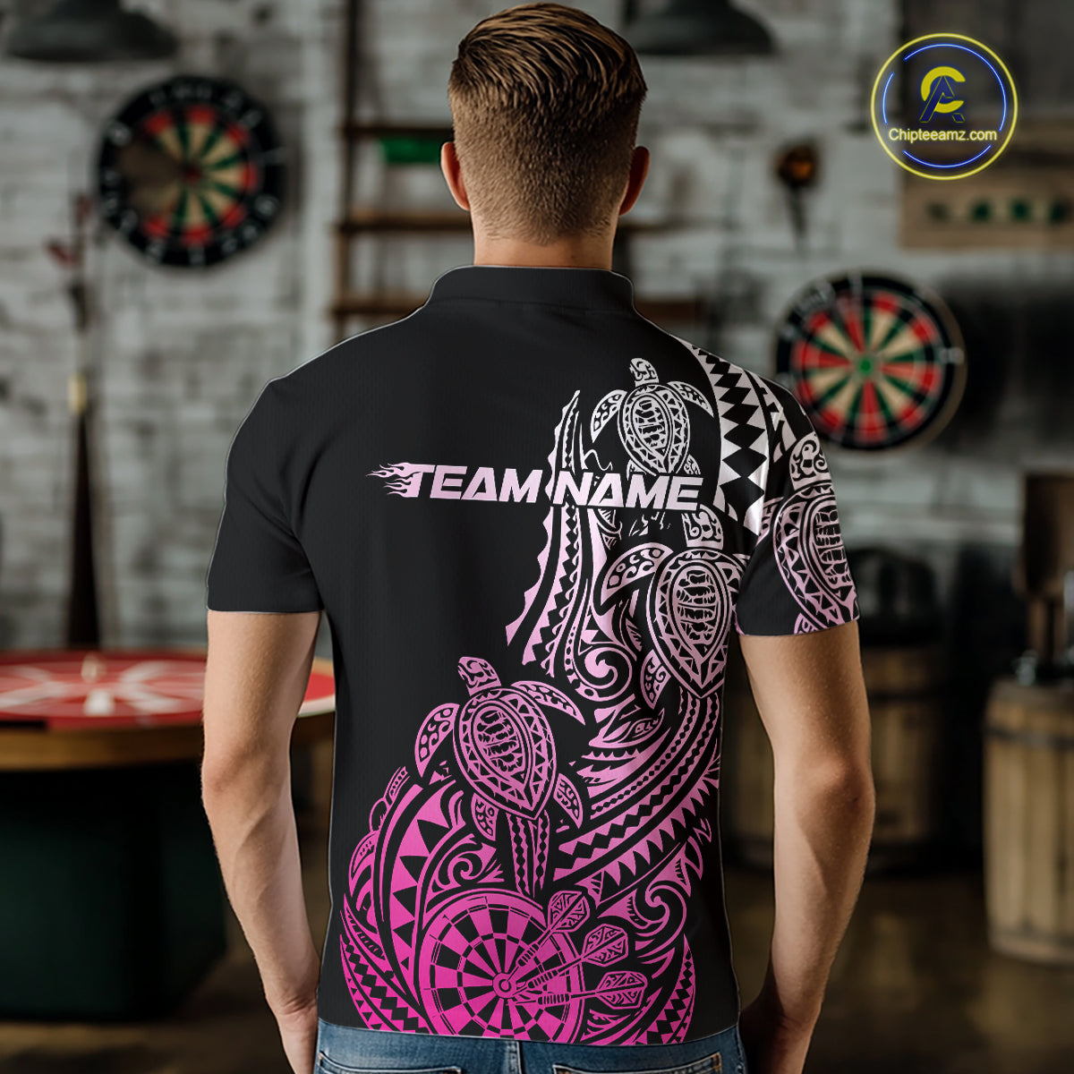 Custom Black And Pink Polynesian Tribal Turtle Dart Men Men Polo Shirt Team Uniform IPHW12697