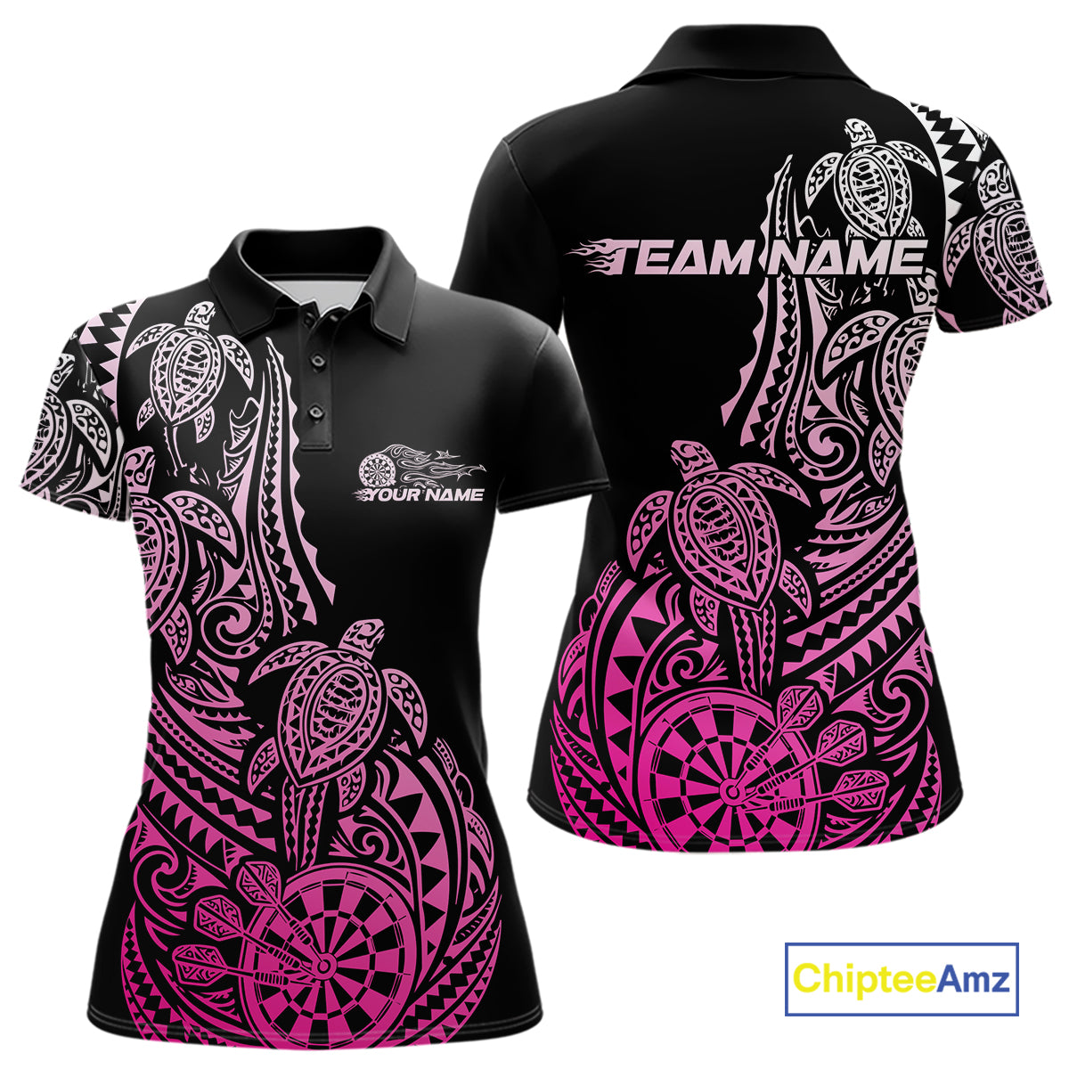 Custom Black And Pink Polynesian Tribal Turtle Dart Women Women Polo Shirt Team Uniform IPHW12697