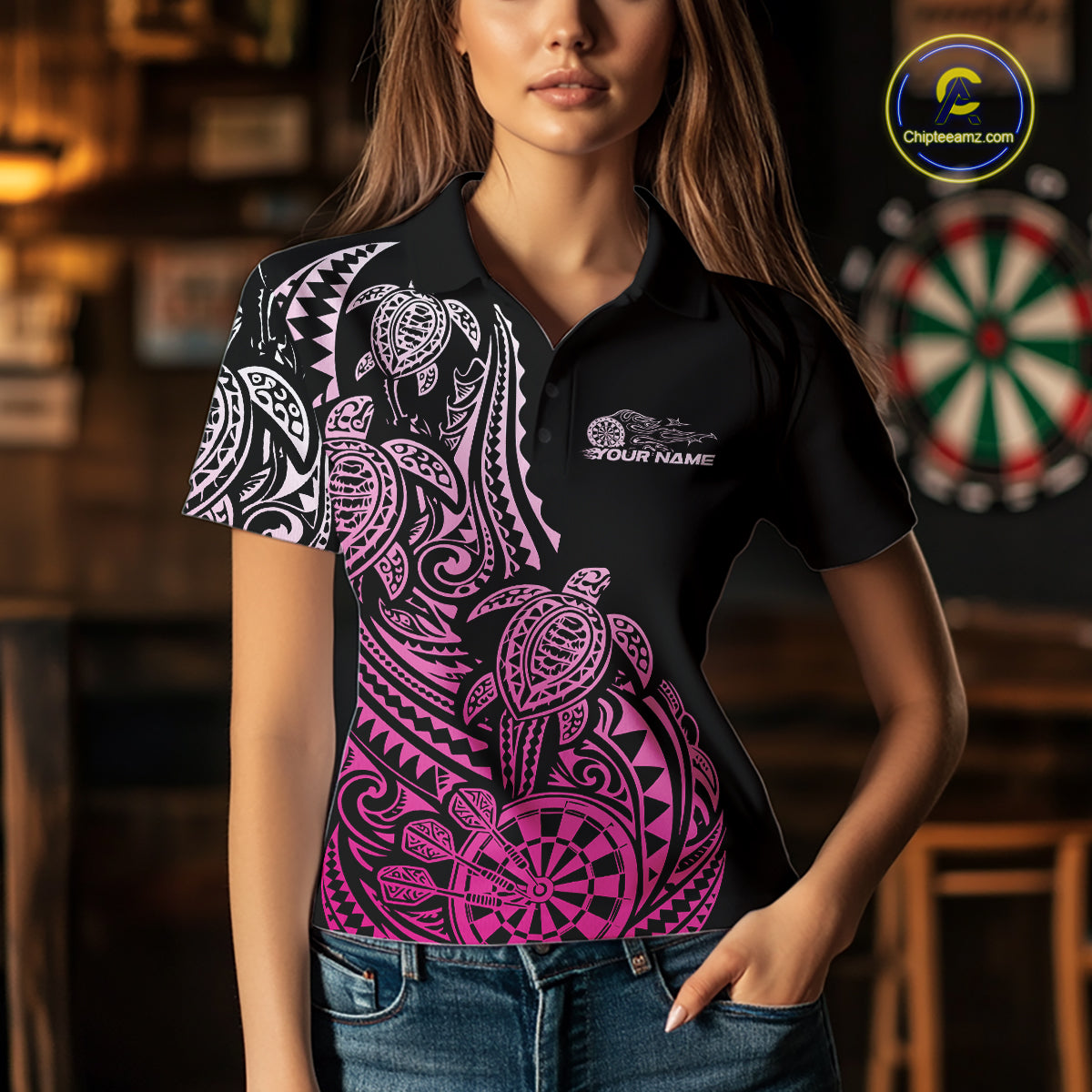 Custom Black And Pink Polynesian Tribal Turtle Dart Women Women Polo Shirt Team Uniform IPHW12697