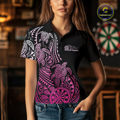 Custom Black And Pink Polynesian Tribal Turtle Dart Women Women Polo Shirt Team Uniform IPHW12697