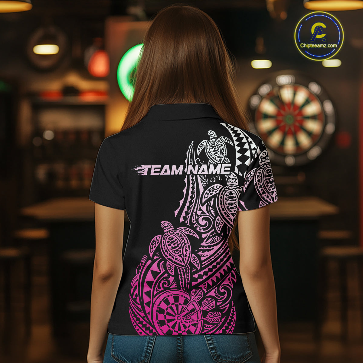 Custom Black And Pink Polynesian Tribal Turtle Dart Women Women Polo Shirt Team Uniform IPHW12697