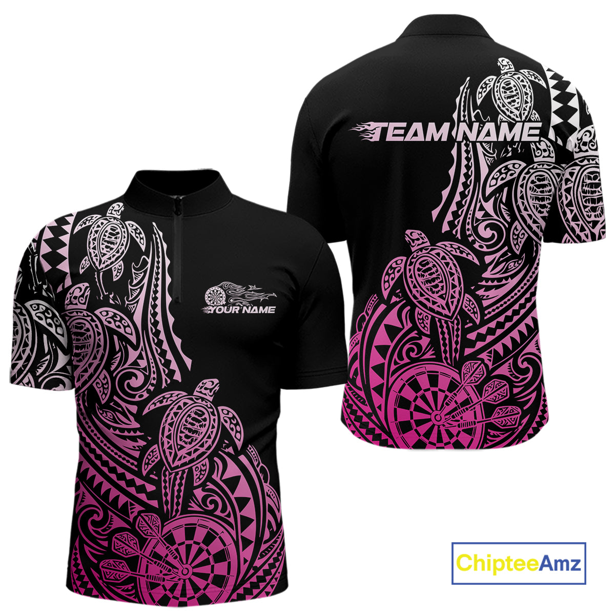 Custom Black And Pink Polynesian Tribal Turtle Dart Men Men Quarter Zip Shirt Team Uniform IPHW12697