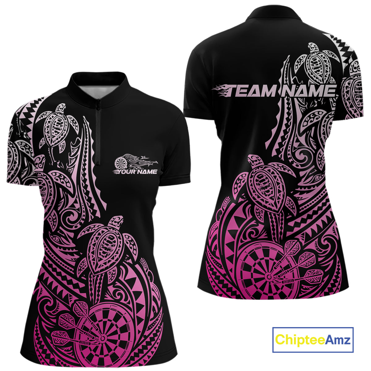 Custom Black And Pink Polynesian Tribal Turtle Dart Women Women Quarter-Zip Shirt IPHW12697