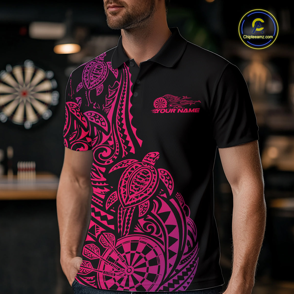 Custom Pink And Purple Polynesian Tribal Turtle Dart Men Men Polo Shirt Team Uniform IPHW12698