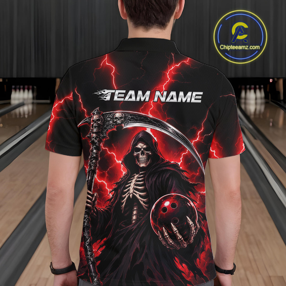 Custom Red Thunder Lightning Grim Reaper Skull Bowling Men Polo Shirts, Halloween Outfit IPHW11658