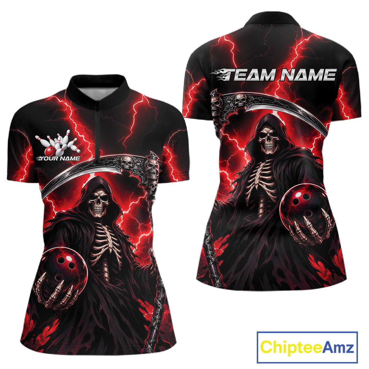 Custom Red Thunder Lightning Grim Reaper Skull Bowling Women Shirts, Halloween Outfit IPHW11658