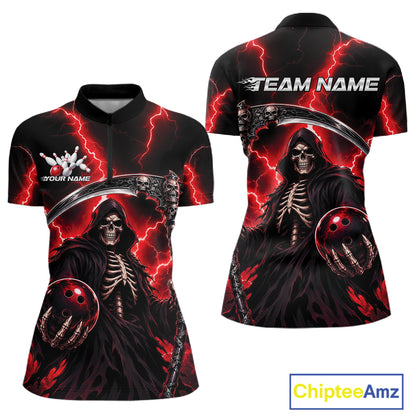 Custom Red Thunder Lightning Grim Reaper Skull Bowling Women Shirts, Halloween Outfit IPHW11658