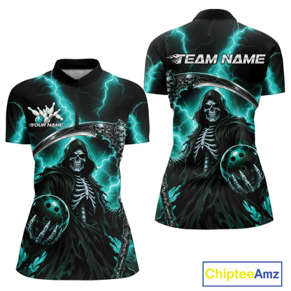 Custom Turquoise Blue Lightning Grim Reaper Skull Bowling Women Shirt, Halloween Outfit IPHW11659