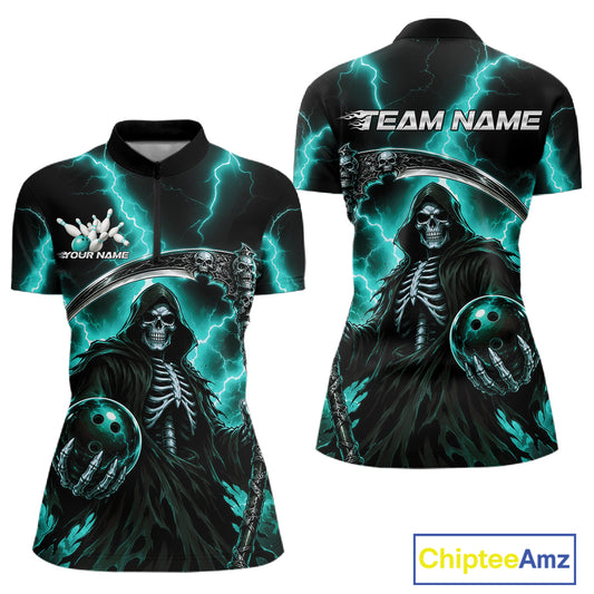 Front and back views of a women's short-sleeve quarter-zip shirt featuring a Grim Reaper graphic with teal lightning, black background, and customizable text areas including 'TEAM NAME' and 'YOUR NAME'.
