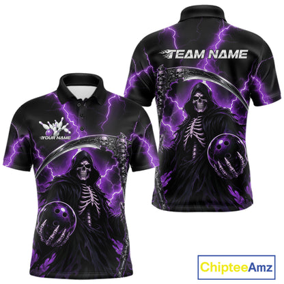 Custom Purple Thunder Lightning Grim Reaper Skull Bowling Men Polo Shirt, Halloween Outfit IPHW11660