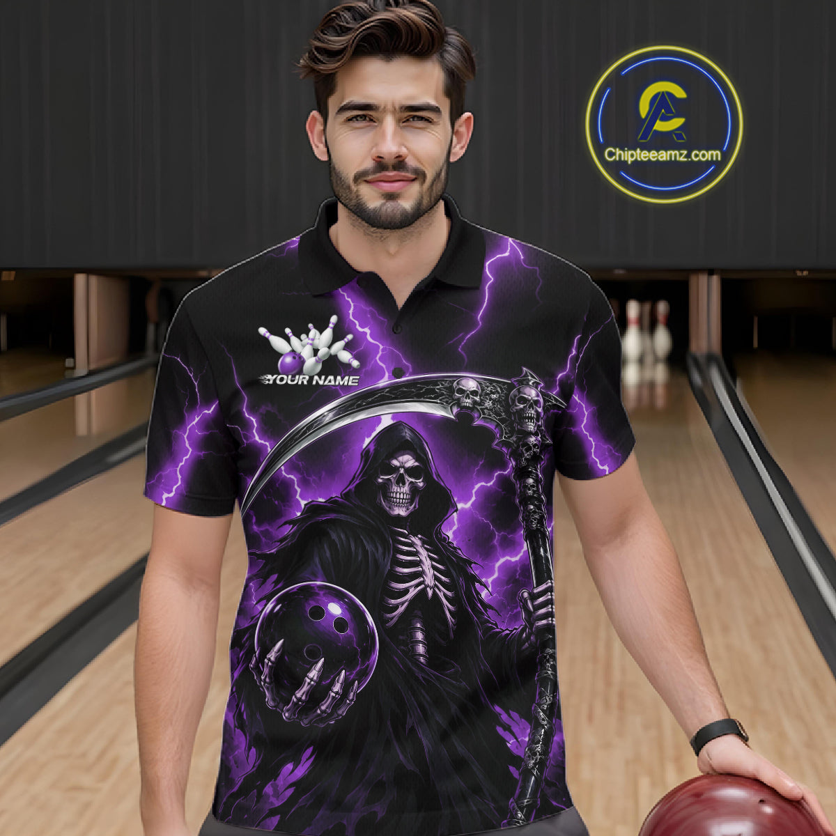 Custom Purple Thunder Lightning Grim Reaper Skull Bowling Men Polo Shirt, Halloween Outfit IPHW11660