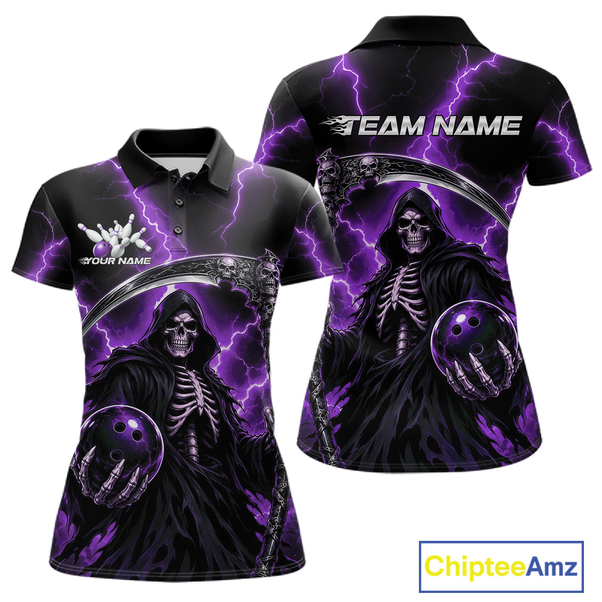 Custom Purple Thunder Lightning Grim Reaper Skull Bowling Women Polo Shirt, Halloween Outfit IPHW11660