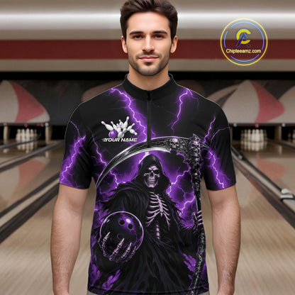 Custom Purple Lightning Grim Reaper Skull Bowling Men Quarter Zip Shirt, Halloween Outfit IPHW11660