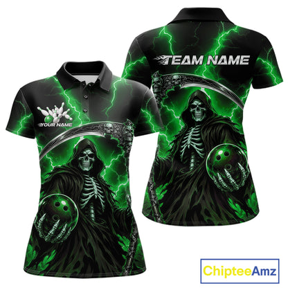 Customizable black polo shirt with a green and black Grim Reaper bowling graphic, shown in front and back views on a white background with a ChipteeAmz logo in the corner.