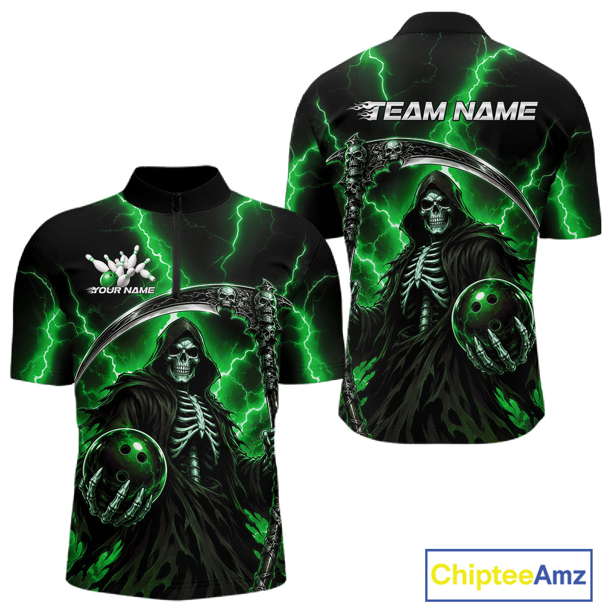 Custom Green Thunder Lightning Grim Reaper Skull Bowling Men Quarter Zip Shirt, Halloween Outfit IPHW11661