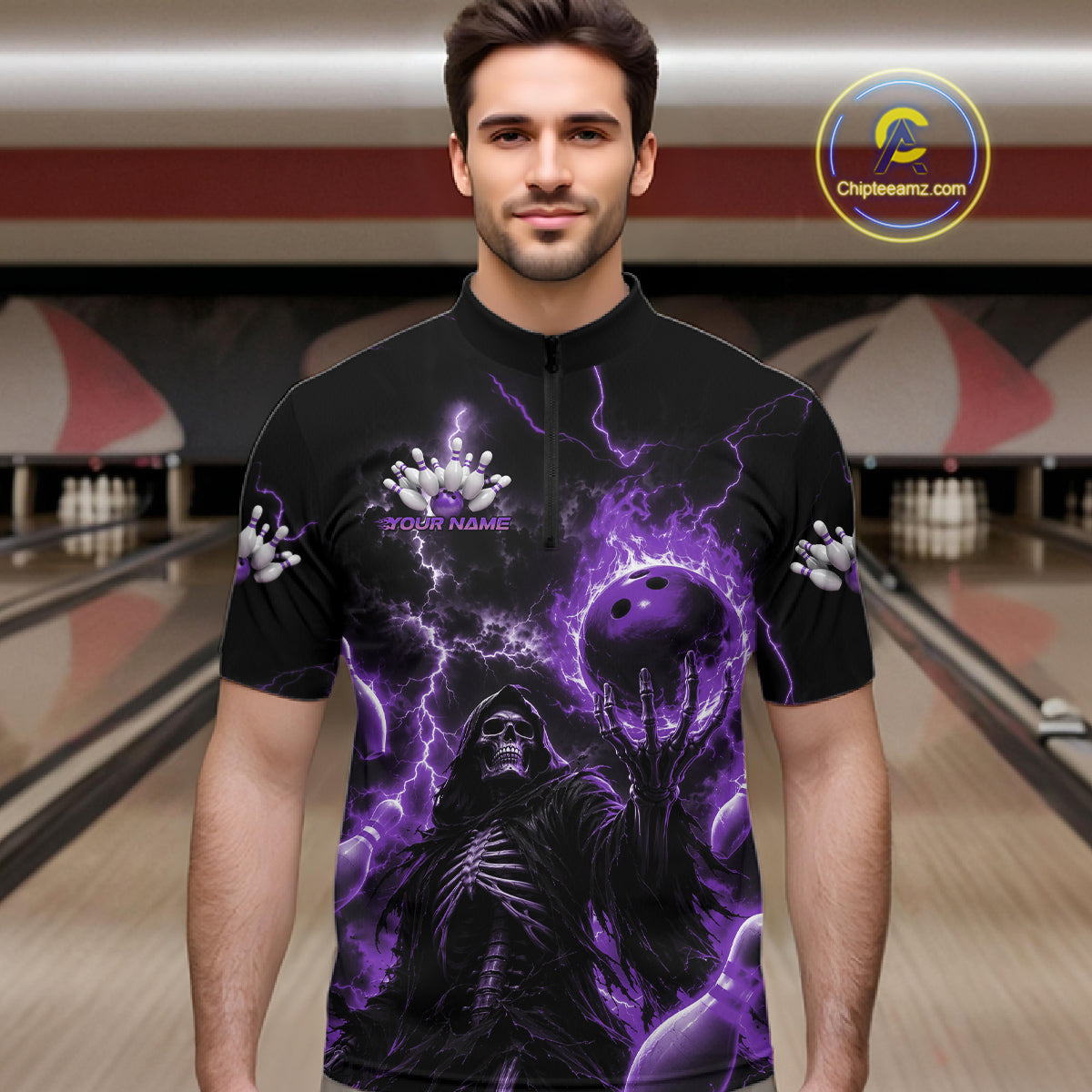 Custom Purple Fire Flame Bowling Grim Reaper Skull Men Quarter Zip Shirt, Halloween Outfit IPHW11663
