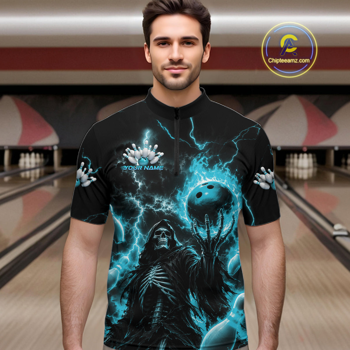 A man wearing a black short-sleeve quarter-zip bowling-themed graphic shirt with a skeleton and blue lightning design, set against a bowling alley background. A 'Chipeamz.
