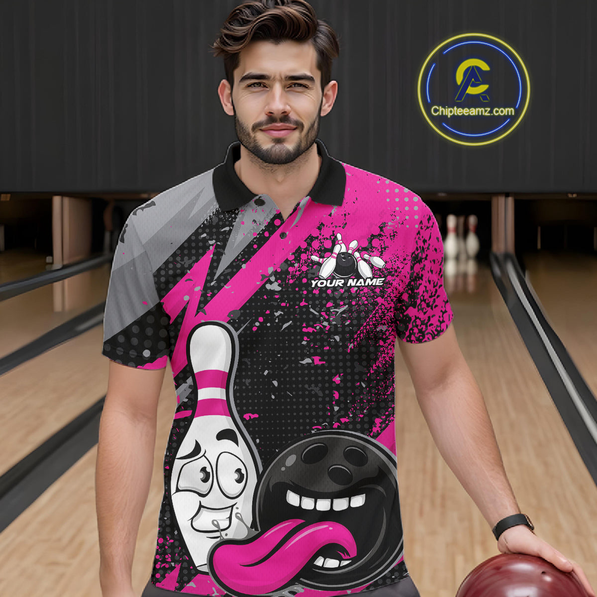 Custom Funny Bowling Men Polo Shirt, Purple Bowling Ball And Pin Bowling Jersey IPHW12728