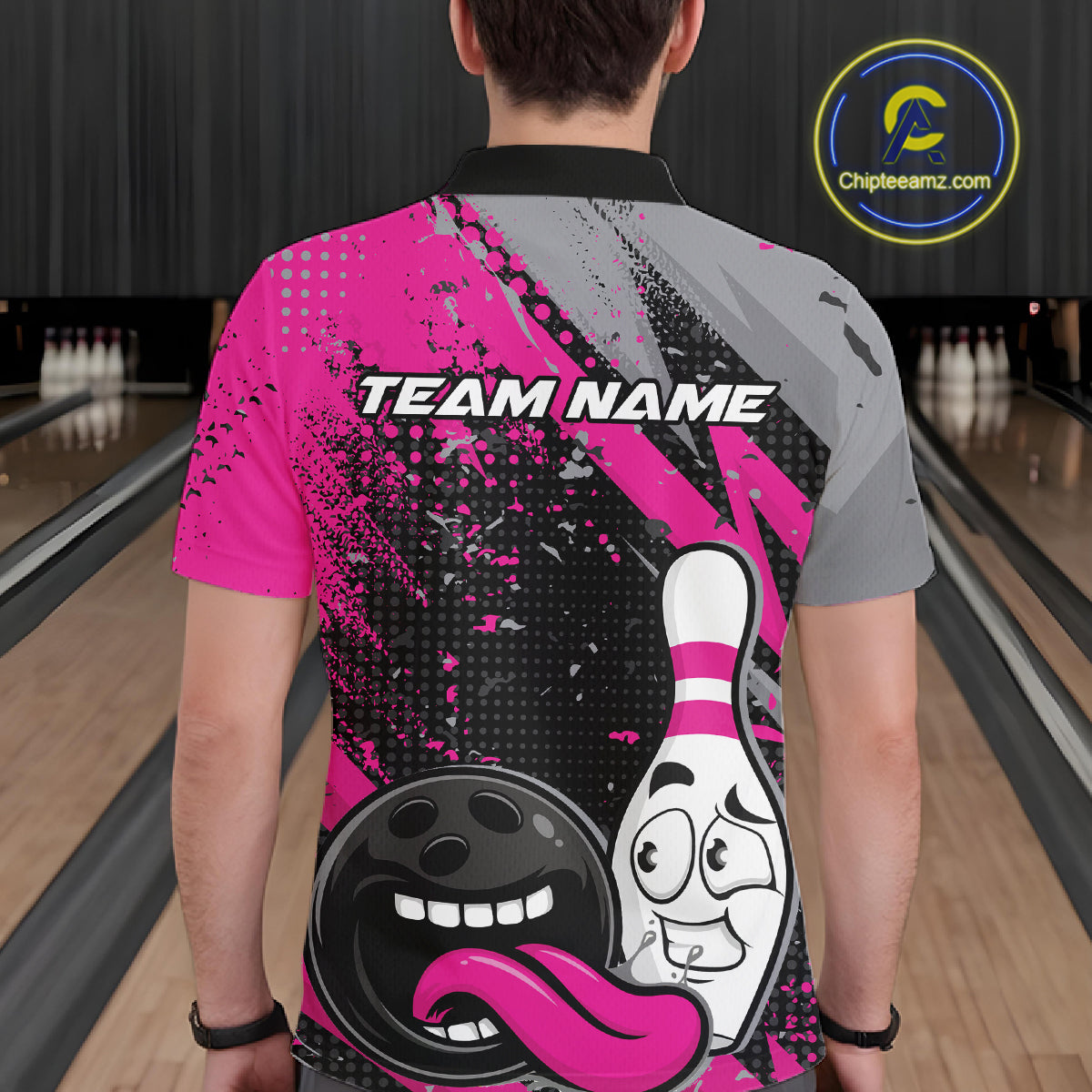 Custom Funny Bowling Men Polo Shirt, Purple Bowling Ball And Pin Bowling Jersey IPHW12728