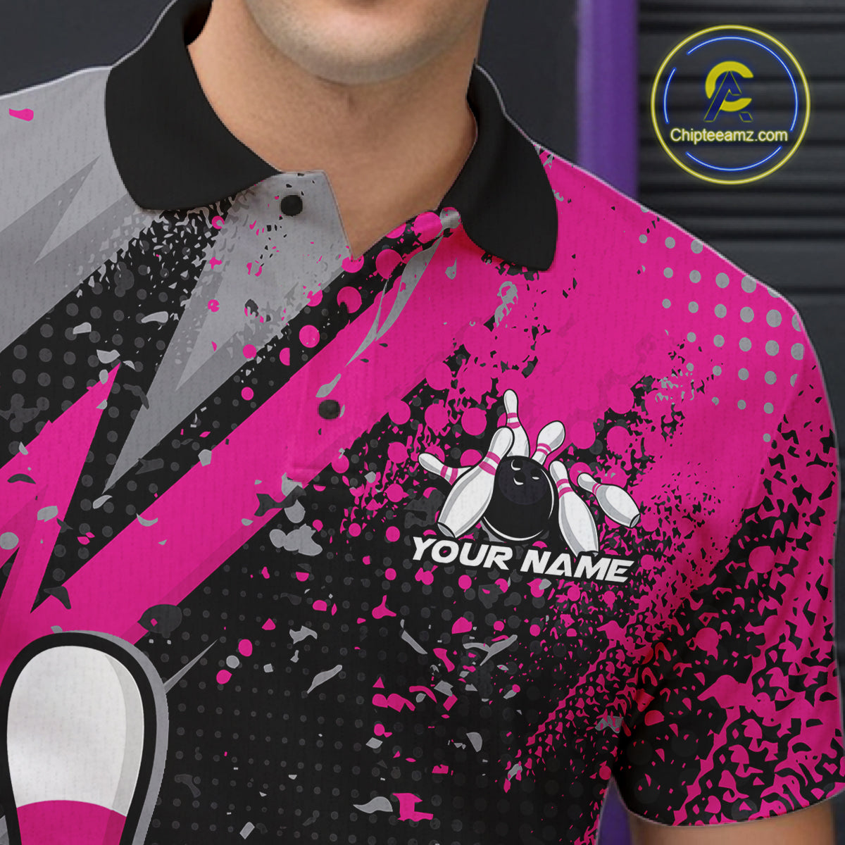 Custom Funny Bowling Men Polo Shirt, Purple Bowling Ball And Pin Bowling Jersey IPHW12728