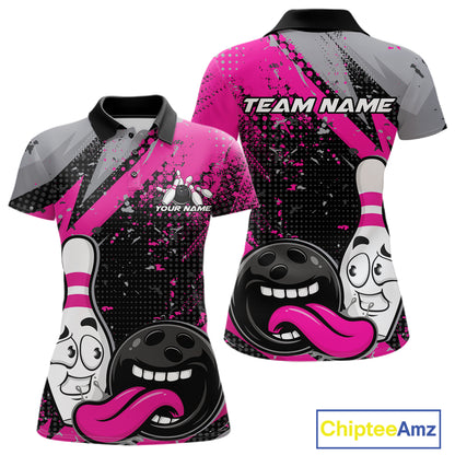 Custom Funny Bowling Women Polo Shirt, Purple Bowling Ball And Pin Bowling Jersey IPHW12728